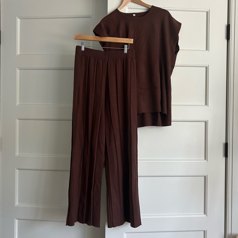 ANRABESS Brown Sweater Set Sleeves Top and Pants
